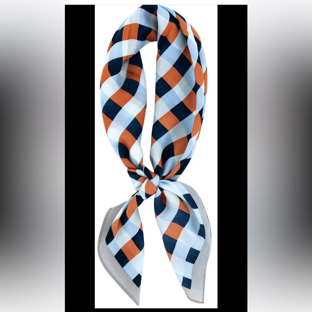 Olivia M Orange Navy and White Checkered Silk Scarf Hair Tie